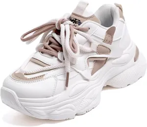 Womens Fashion Leather Lace Up Chunky Platform Sneakers Casual Breathable Shock Absorbing Heighten Walking Workout Driving Shoes