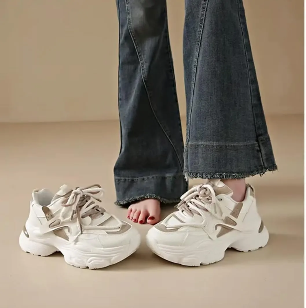 Womens Fashion Leather Lace Up Chunky Platform Sneakers Casual Breathable Shock Absorbing Heighten Walking Workout Driving Shoes