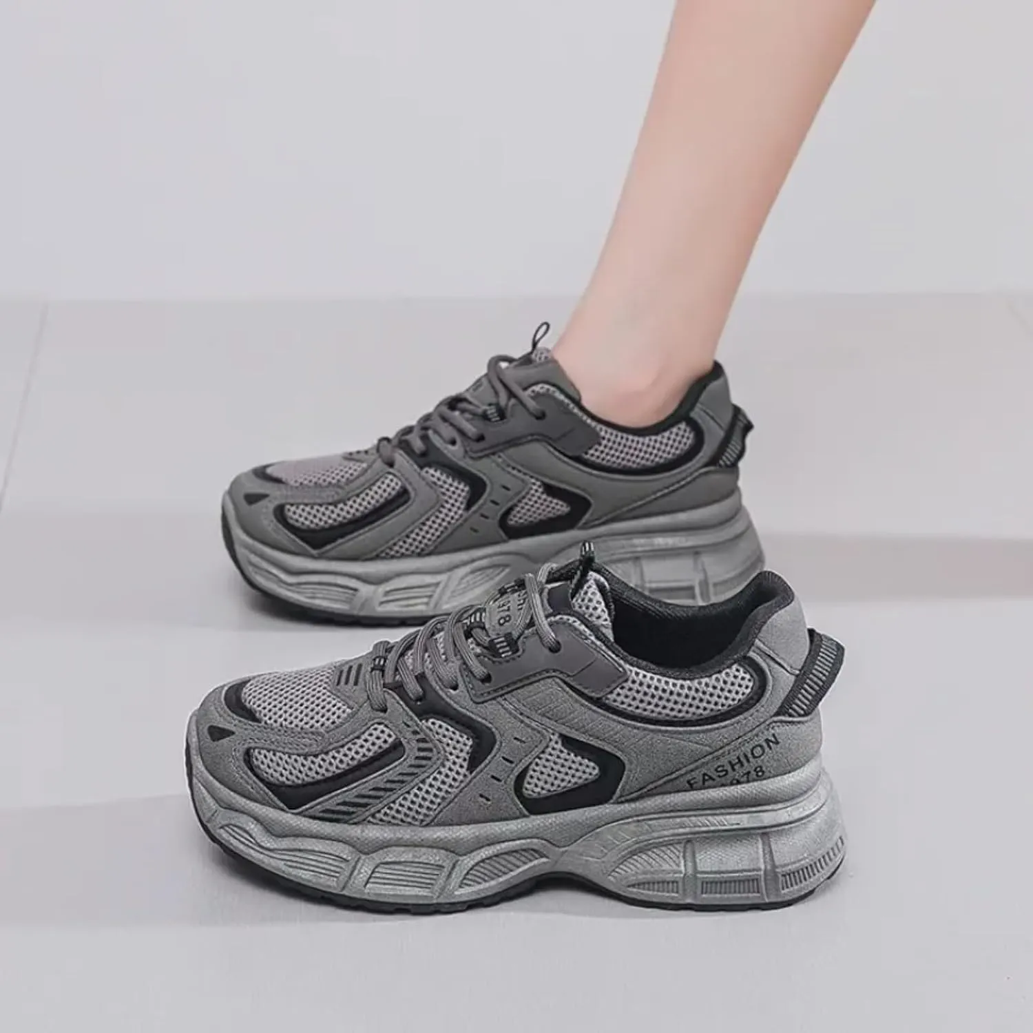 Womens Fashion Leather Lace Up Platform Sneakers Casual Breathable Shock Absorbing Heighten Walking Workout Driving Shoes
