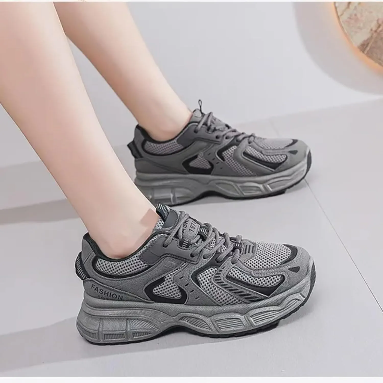 Womens Fashion Leather Lace Up Platform Sneakers Casual Breathable Shock Absorbing Heighten Walking Workout Driving Shoes