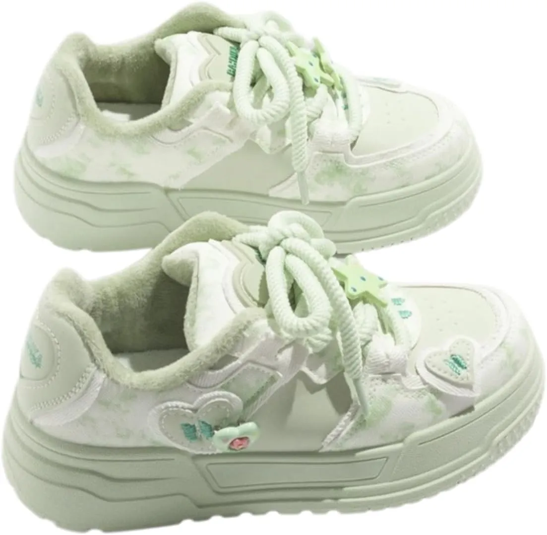 Women's Fleece-Lined Floral Sneakers, Low-Top Winter Shoes with Cushioned Comfort, Stylish and Warm Casual Footwear