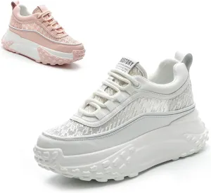 Women's Leather Breathable Casual Sneakers,Lace-Up Platform Sneakers,Anti-Slip Shock Absorbing Heighten Fashion Running Sneakers