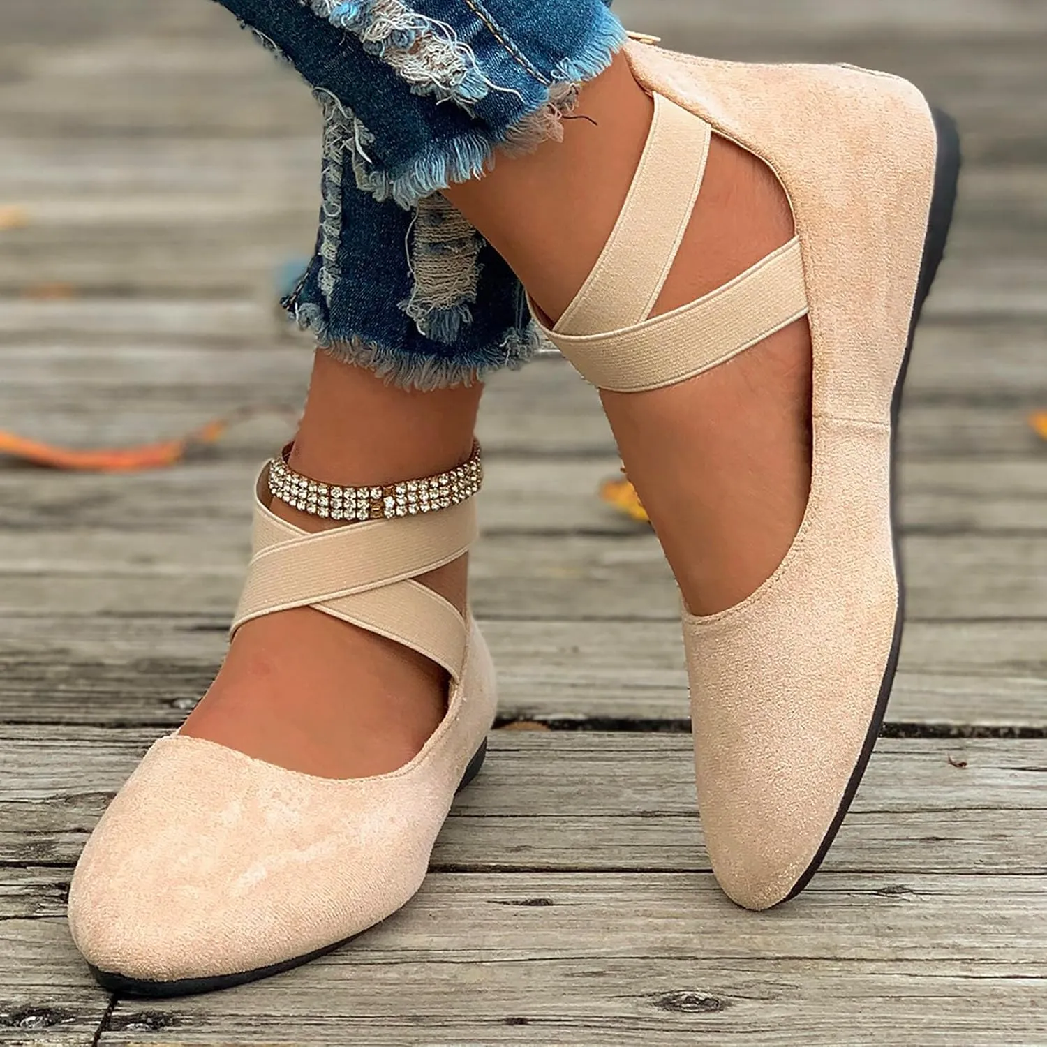 Women's Loafer Flat Women's Comfortable Ballet Flat Shoes with Ankle and Elastic Straps Lightweight Slip On Evening