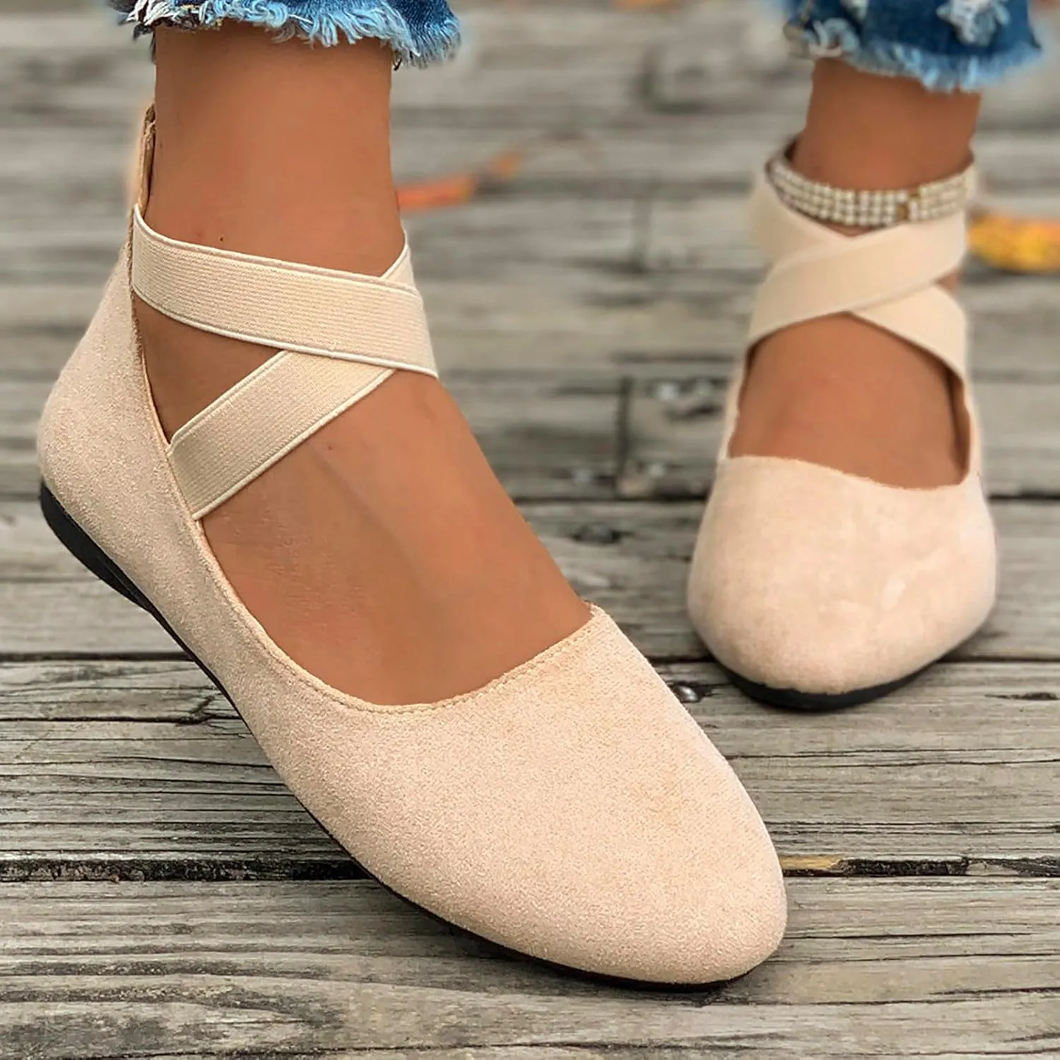 Women's Loafer Flat Women's Comfortable Ballet Flat Shoes with Ankle and Elastic Straps Lightweight Slip On Evening
