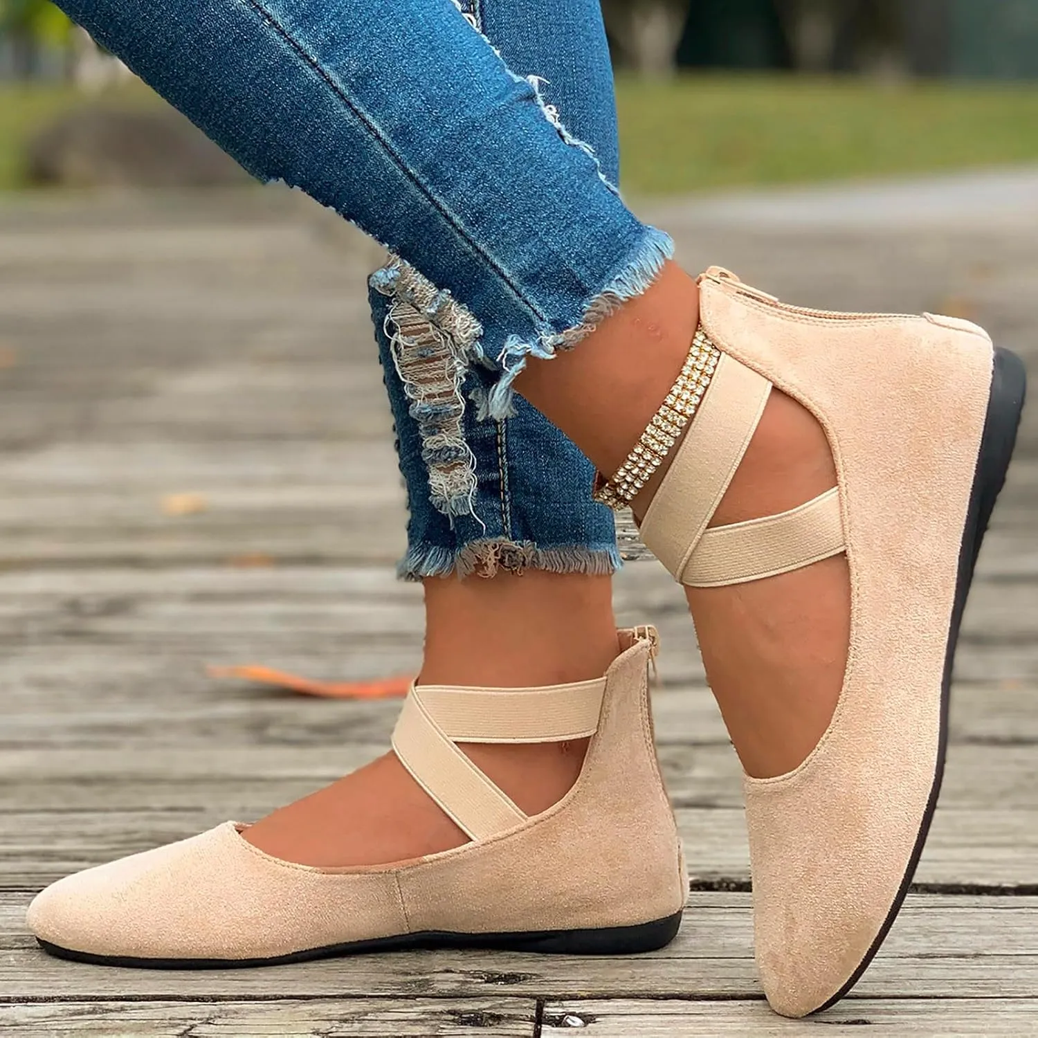 Women's Loafer Flat Women's Comfortable Ballet Flat Shoes with Ankle and Elastic Straps Lightweight Slip On Evening