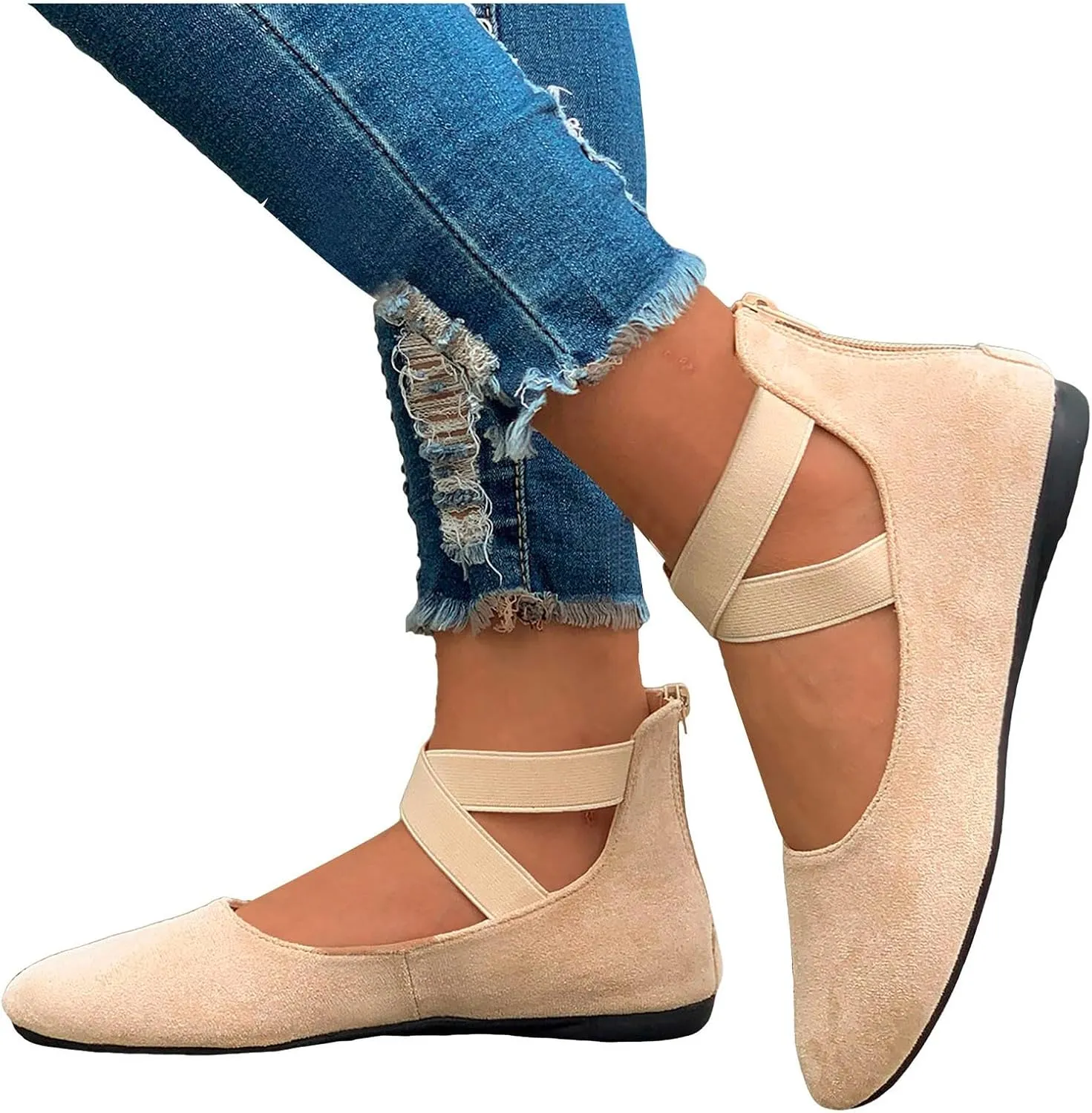 Women's Loafer Flat Women's Comfortable Ballet Flat Shoes with Ankle and Elastic Straps Lightweight Slip On Evening