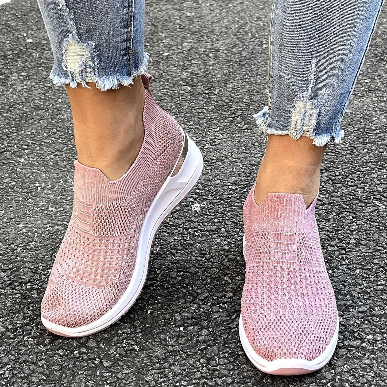 Women’s Walking Shoes Elastic Fly Woven Mesh Shoes Breathable Comfortable Wedge Shoes Arch Support Shoes