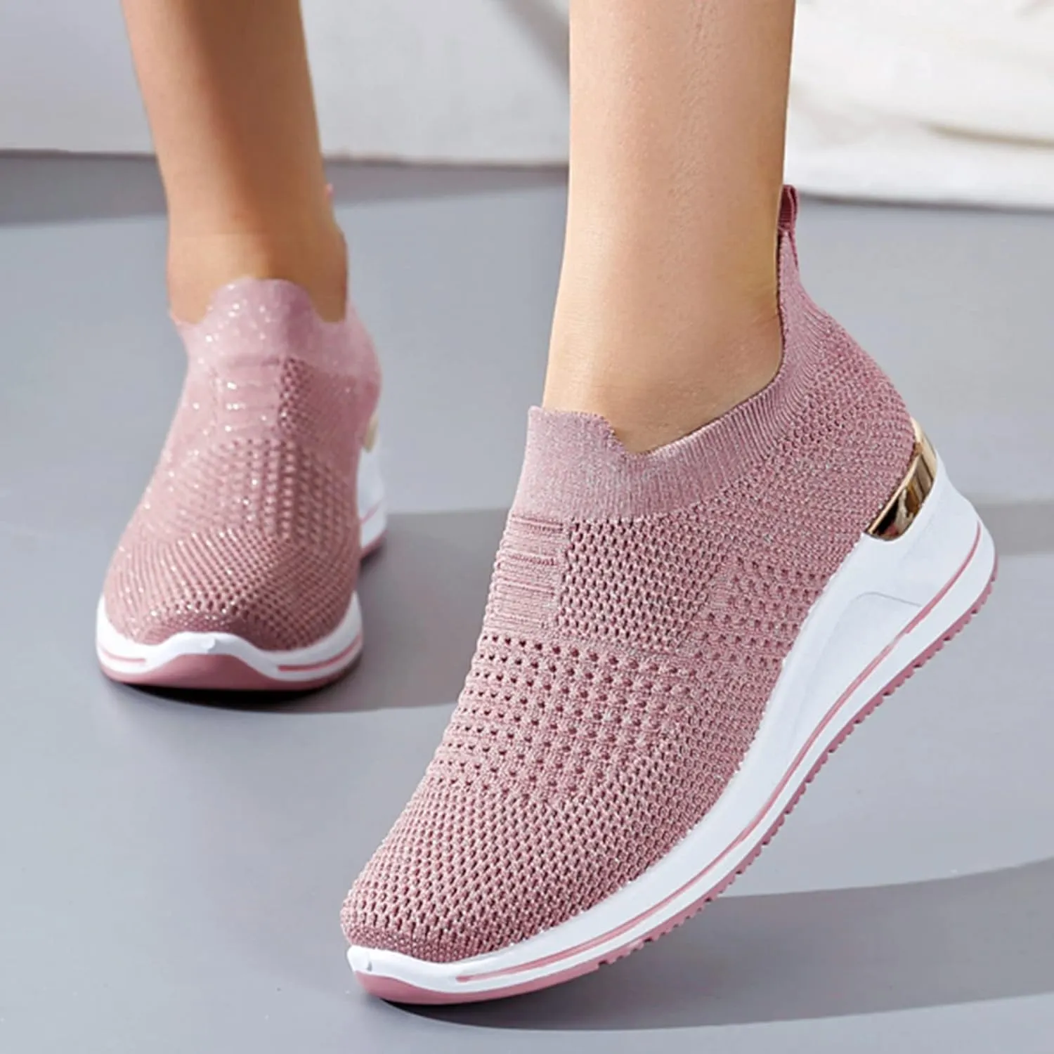 Women’s Walking Shoes Elastic Fly Woven Mesh Shoes Breathable Comfortable Wedge Shoes Arch Support Shoes