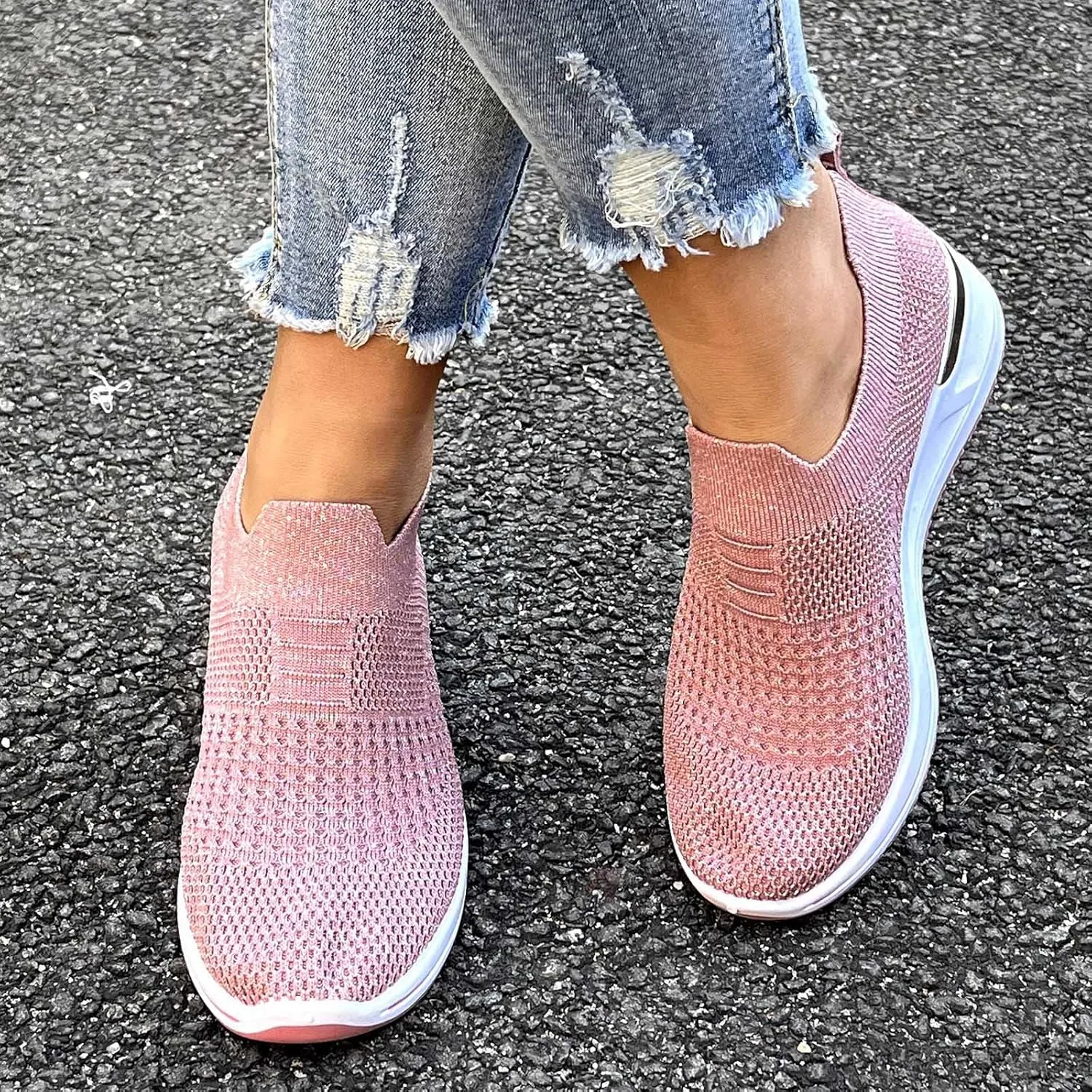 Women’s Walking Shoes Elastic Fly Woven Mesh Shoes Breathable Comfortable Wedge Shoes Arch Support Shoes