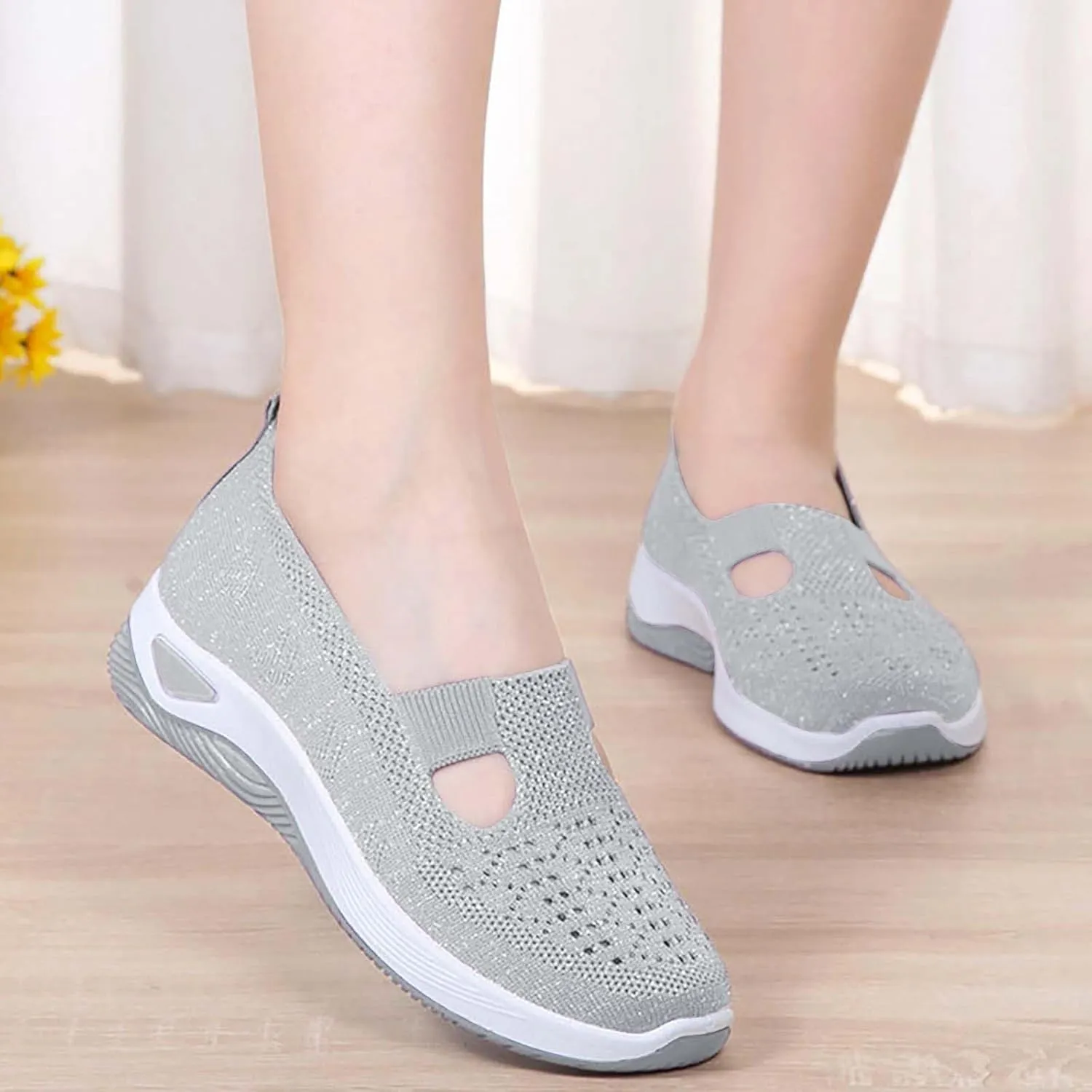 Women's Woven Orthopedic Breathable Soft Shoes Fashion Lightweight Go Walk Shoes for Women Mesh Breathable Hands Free Slip in Sneakers with Arch Support