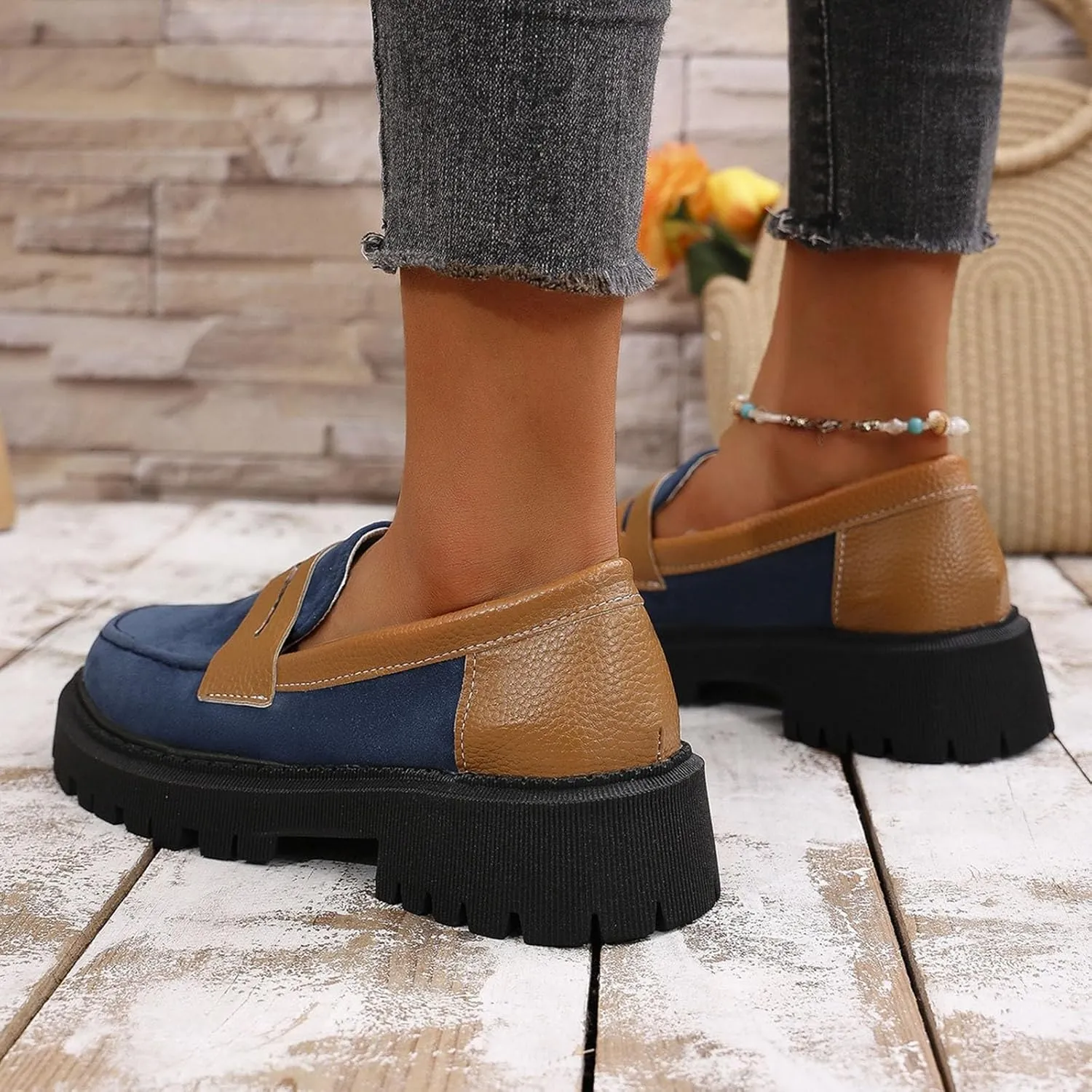 ZSpzx Orthopedic Loafers for Women Platform Chunky Loafer Slip On Arch Support Round Toe Casual Walking Shoes Ladies Cushioned Footbed Dressy Shoes Breathable Comfy Walking Footwear for Daily Wear