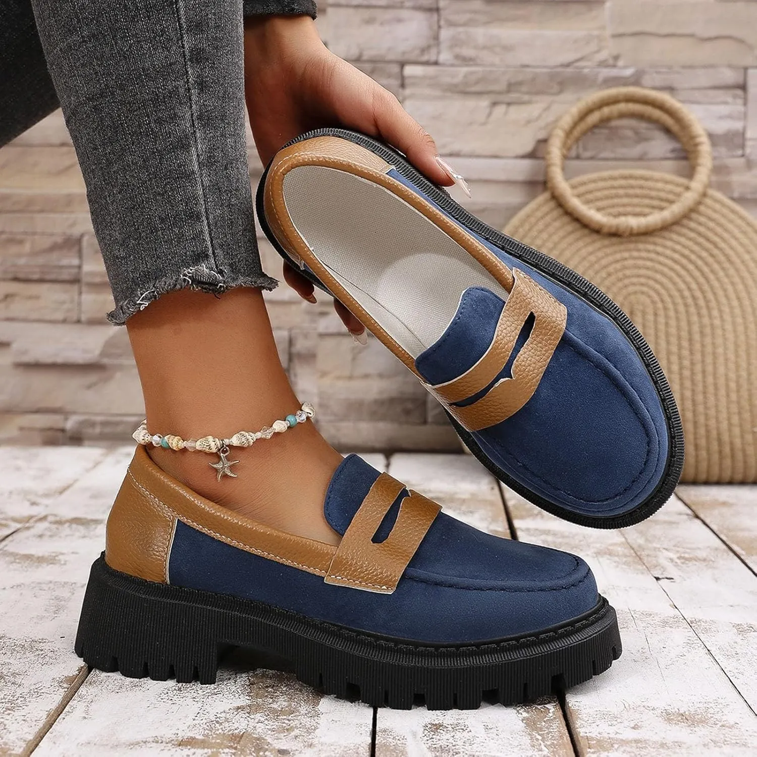 ZSpzx Orthopedic Loafers for Women Platform Chunky Loafer Slip On Arch Support Round Toe Casual Walking Shoes Ladies Cushioned Footbed Dressy Shoes Breathable Comfy Walking Footwear for Daily Wear