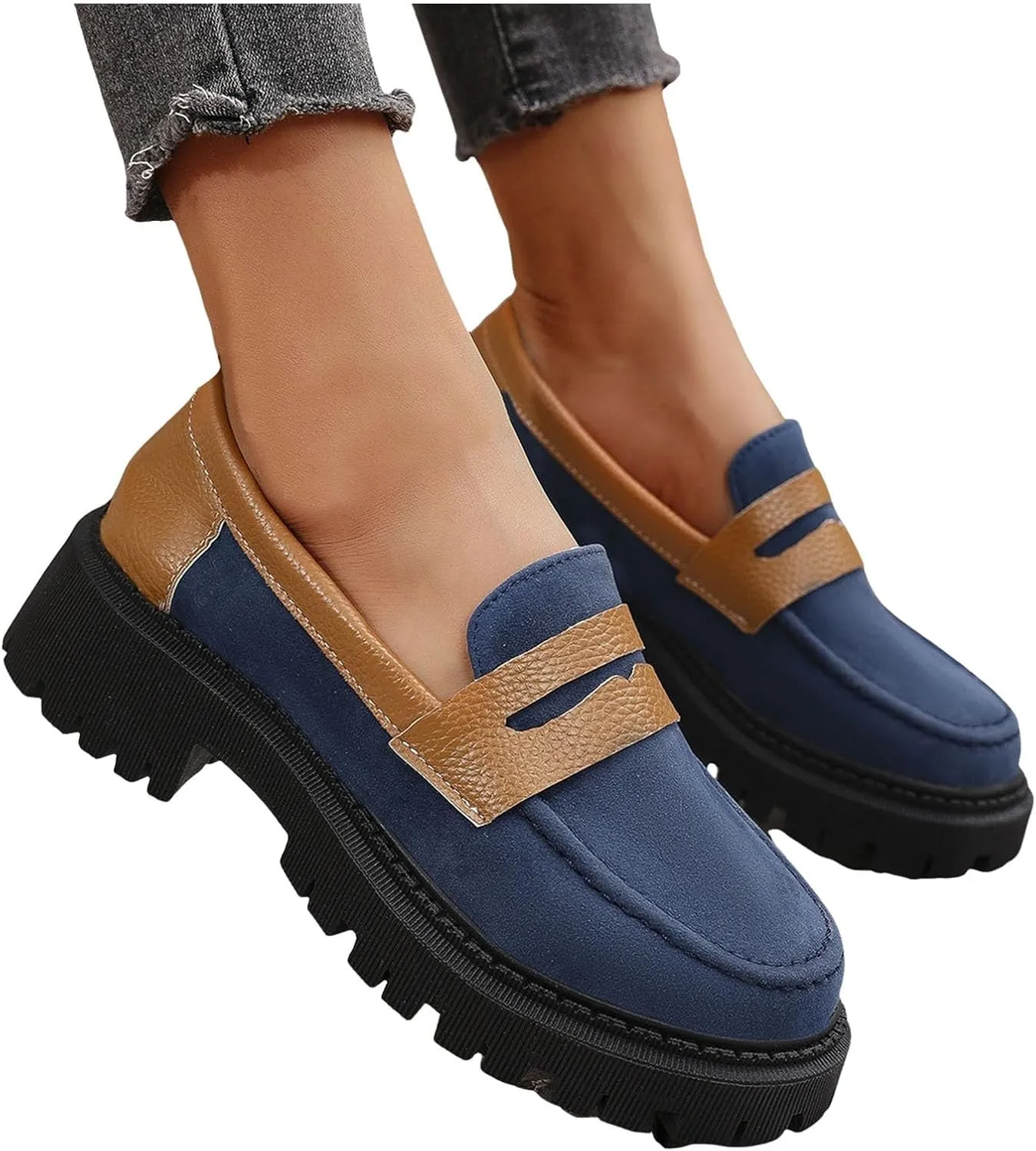 ZSpzx Orthopedic Loafers for Women Platform Chunky Loafer Slip On Arch Support Round Toe Casual Walking Shoes Ladies Cushioned Footbed Dressy Shoes Breathable Comfy Walking Footwear for Daily Wear