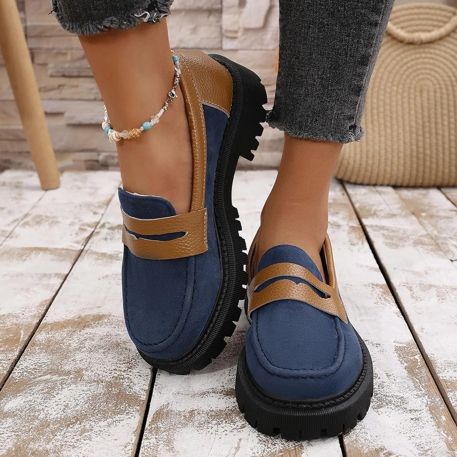ZSpzx Orthopedic Loafers for Women Platform Chunky Loafer Slip On Arch Support Round Toe Casual Walking Shoes Ladies Cushioned Footbed Dressy Shoes Breathable Comfy Walking Footwear for Daily Wear