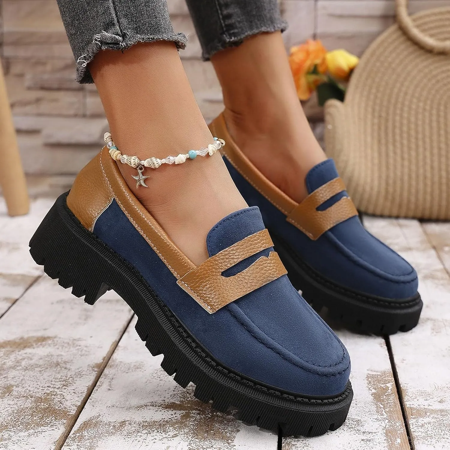 ZSpzx Orthopedic Loafers for Women Platform Chunky Loafer Slip On Arch Support Round Toe Casual Walking Shoes Ladies Cushioned Footbed Dressy Shoes Breathable Comfy Walking Footwear for Daily Wear